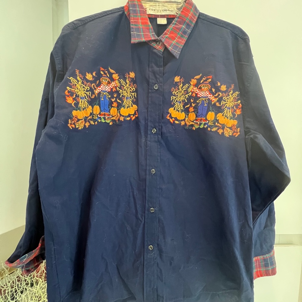 Casey Coleman Embroidered Thanksgiving Scarecrow Blue Short Set L shirt M short